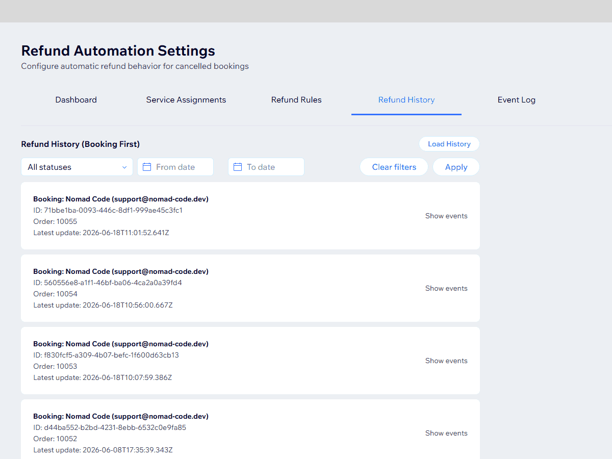 Refund history and diagnostics screenshot