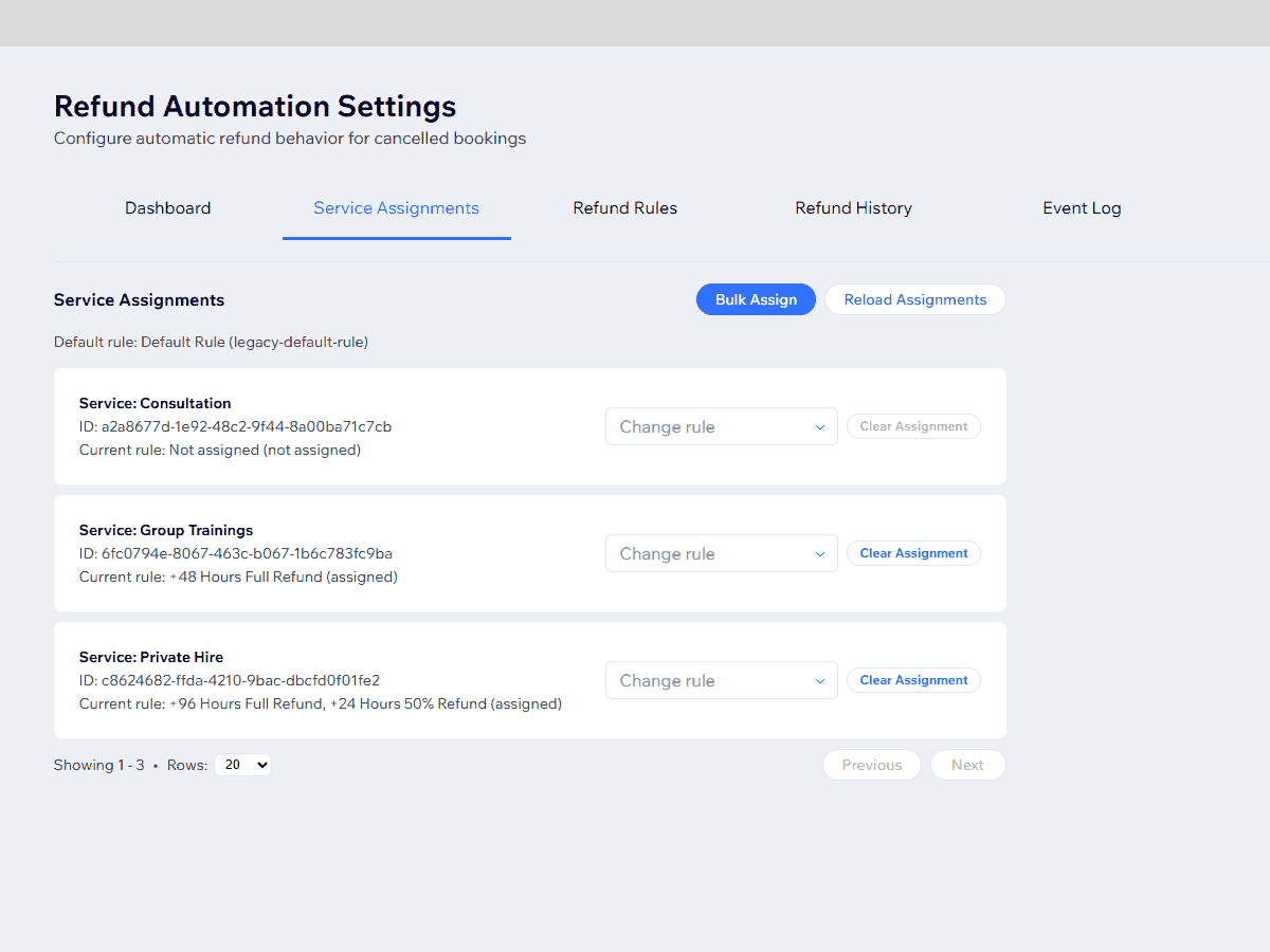 Service assignments screenshot